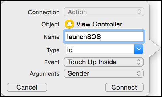 Get Started with SOS 4. Add a Touch Up Inside action to your UIViewController implementation. Name it launchsos. 5. Import the SDK.
