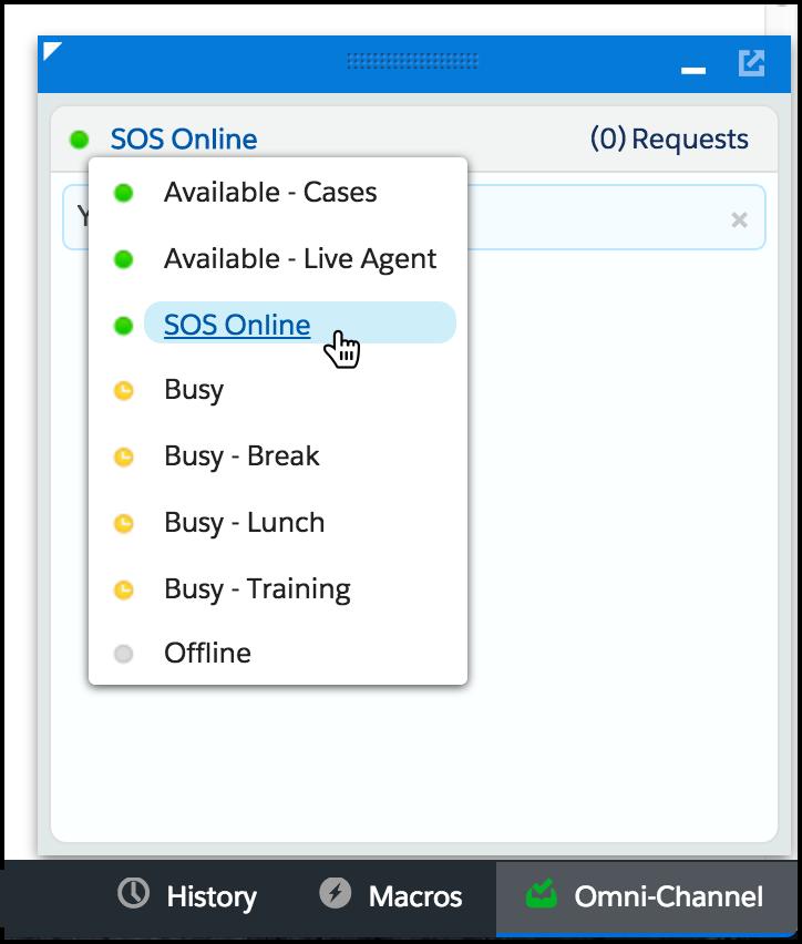 Get Started with SOS 7. Launch Service Cloud Console. From the Omni-Channel widget, ensure that an SOS agent is online. Now you can build and run the app.