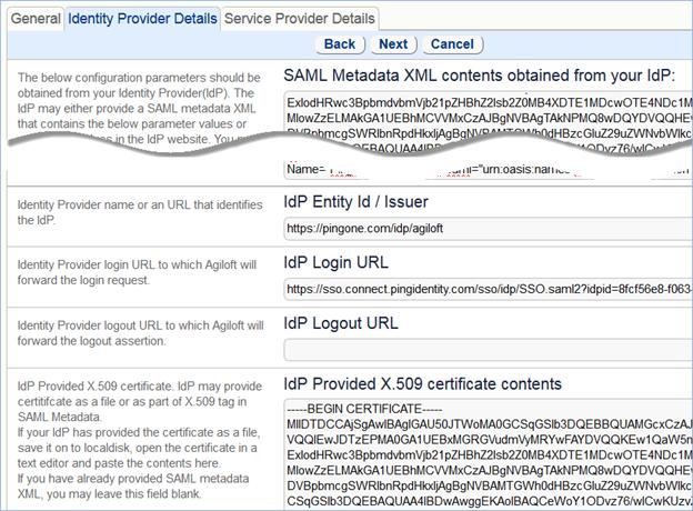 8. On the Identity Provider Details tab: a. If you have a SAML Metadata XML file, paste the contents in the box under SAML Metadata XML contents obtained from your IdP.