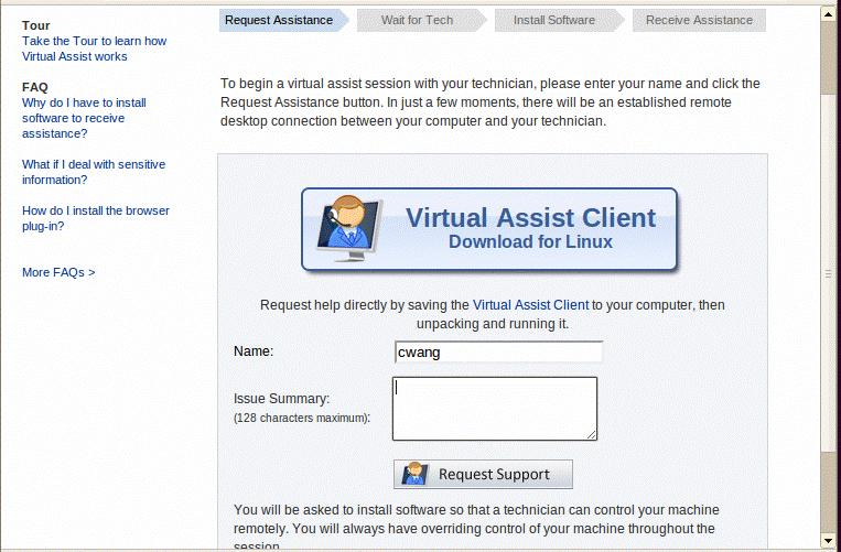 Using Virtual Assist Step 3 Optionally, you can enter your name and a summary of your issue and click Request Support.