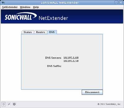 Using NetExtender Step 6 To view the NetExtender DNS server information, select the DNS tab in the main NetExtender window.