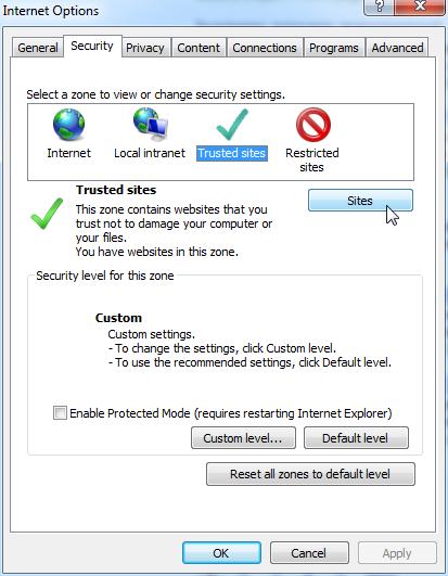 Changing Microsoft Internet Explorer Settings 5. Click the Security tab and then the Trusted sites icon. 6.