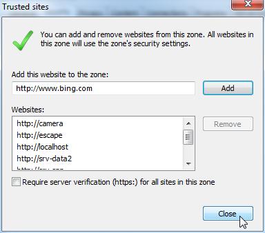 Enter the URL of the Tenrox Web server in the Add this Website to the zone box and then click the Add button to include the URL to the Websites