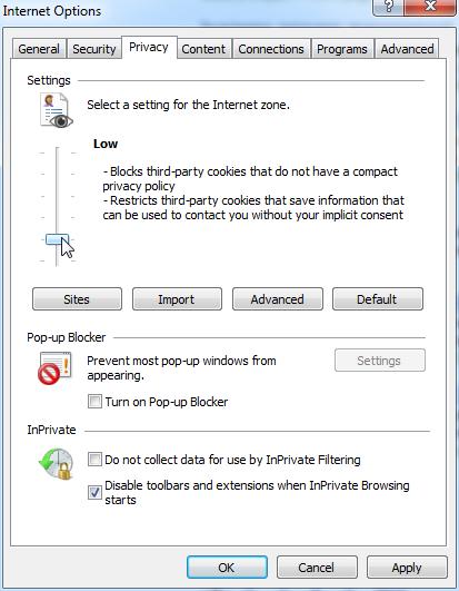 Tenrox: Web Browser Configuration 9. Click the Privacy tab and then set the slider to Low for the zone s security level. 10. Click OK to set the security level and then close Internet Explorer. 11.