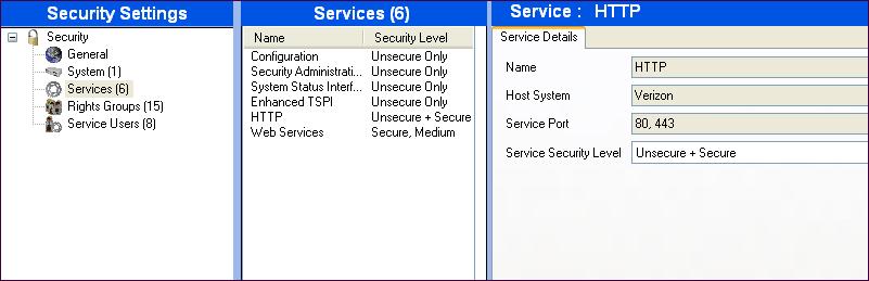 After logging in, select Services from the Navigation pane and HTTP from the Group pane. In the Details pane, verify the Service Security Level is configured as intended, as shown below.