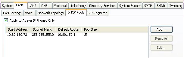 If using IP Office as a DHCP server and DHCP Server mode has been selected from the LAN1 Lan Settings Tab, click the DHCP Pools tab.