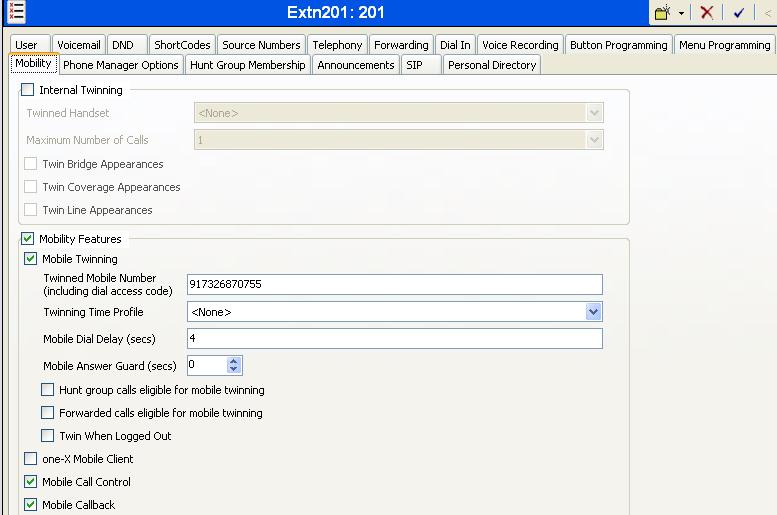 From Figure 1, note that user 232 will use the Mobile Twinning feature. The following screen shows the Mobility tab for User 232. The Mobility Features and Mobile Twinning boxes are checked.