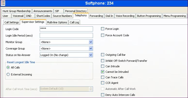Select the Telephony tab. Then select the Supervisor Settings tab as shown below. The Login Code will be used by the Flare Experience and IP Office Softphone user as the login password.