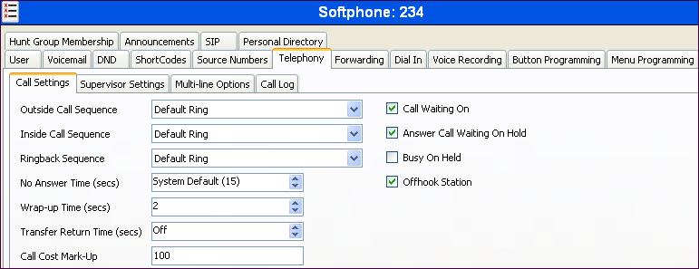 The following screen shows the Extension information for this user, simply to illustrate the VoIP tab available for a SIP Telephone.