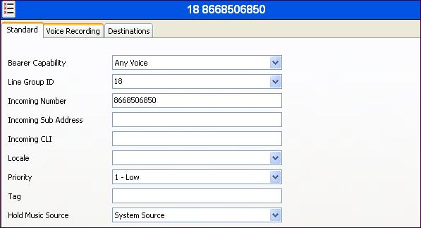 When configuring an Incoming Call Route, the Destination field can be manually configured with a number such as a short code, or certain keywords available from the drop-down list.