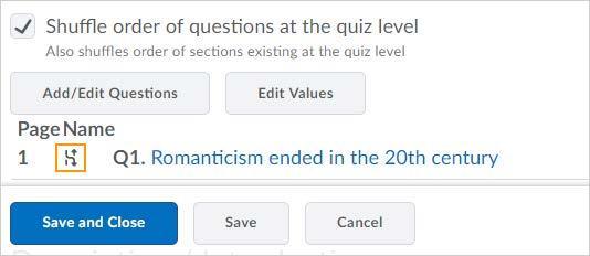 Figure: The new shuffle questions option in the Quizzes tool Once the shuffle option is selected, a shuffle icon appears next to