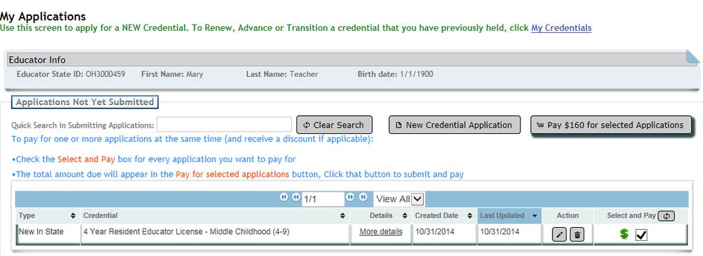 My Account The My Account screen is used to pay for any licensure fees and review financial transaction history.