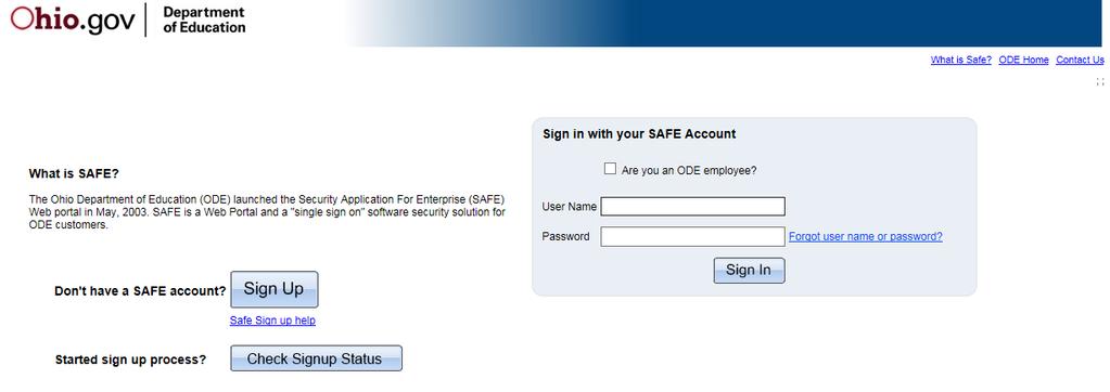 The SAFE Sign In page is displayed. Enter your User Name and Password and click Sign In.