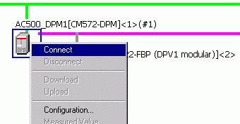 Select the representing coupler and confirm with "OK" then. Move cursor on "CM572", click the right mouse button and "Connect". CM572 is shaded green.