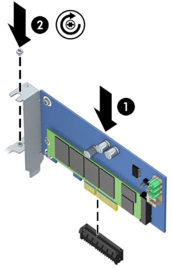 2. Insert the PCIe carrier card into the computer expansion slot (1), and then