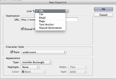 Using your text cursor to select your source text, expand the options menu of your Hyperlinks palette by clicking the top-right icon. From the list, select New Hyperlink.