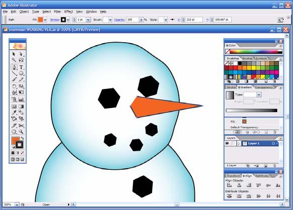 9. Select the entire snowman body, and choose Object>Group. 10. Set the Fill color to black, and the Stroke to No Fill. 11. In the Toolbox, click the Pen tool.