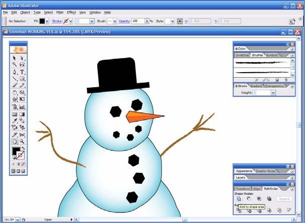 Click and drag in the workspace to create two spindly arms for the Snowman (Figure 7.5). 20. Use the Selection tool to select all the pieces of each arm, and press Ctrl+G to group them. Figure 7.