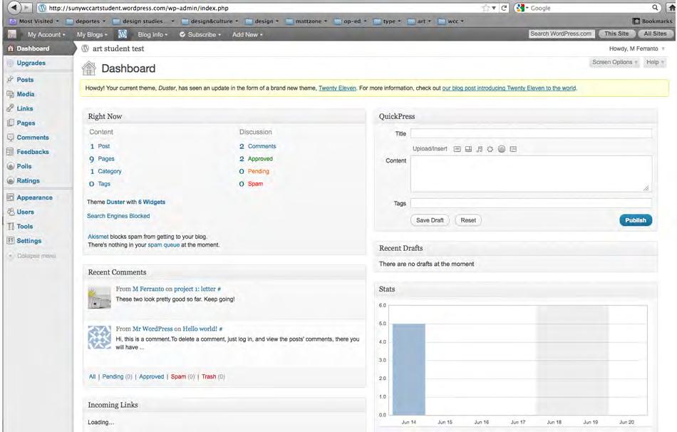 Wordpress.com dashboard Dashboard has a wide range of options and functions.