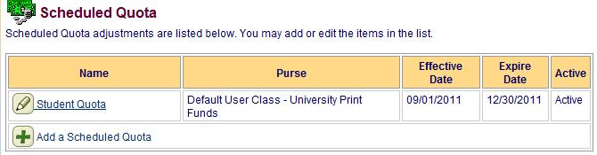 The new Scheduled Quota now appears in the list of configured Purses: Option #2 Cashier Purchased Funds Print funds may be purchased directly from staff members assigned to the Cashier role.