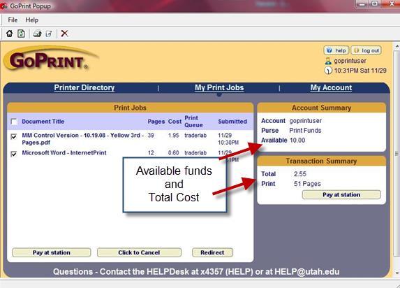 Web Client - Screen 2 If successful, authentication occurs; the student s Quota ID and Available funds are displayed under the Account Summary section.