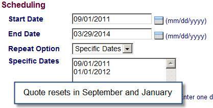Scheduling Start Date: enter or select from the Calendar button the date the Scheduled Quota is to become effective.