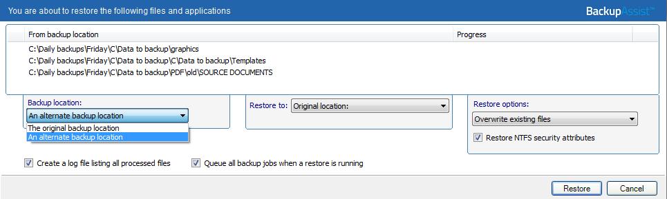 5. Restore Console backup destination selection. When you select Restore to, a window will open showing the Backup location, the Restore to destination and the Restore options.