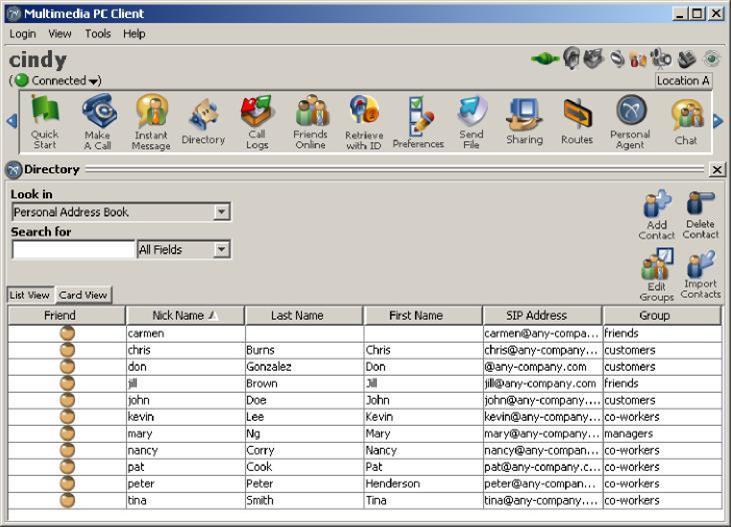 Click Directory on the HUB Personal main GUI, or select View, Directory from the main menu. The main GUI window expands to show the Directory display pane. 2.