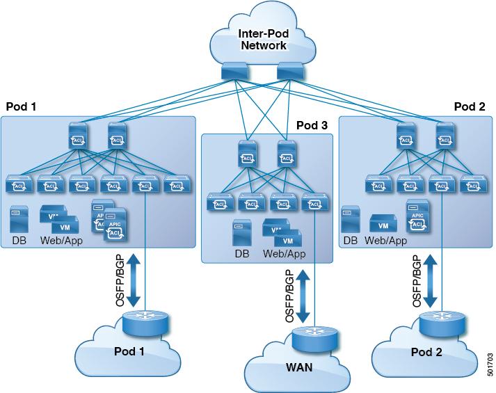 Transit Routing Transit Routing Use Cases Multipod in a Transit-Routed Configuration The ACI fabric acts as transit for external connectivity and interconnect between multiple pods.