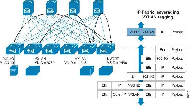Cisco ACI Forwarding VXLAN in ACI All traffic in the ACI fabric is normalized as VXLAN packets. At ingress, ACI encapsulates external VLAN, VXLAN, and NVGRE packets in a VXLAN packet.