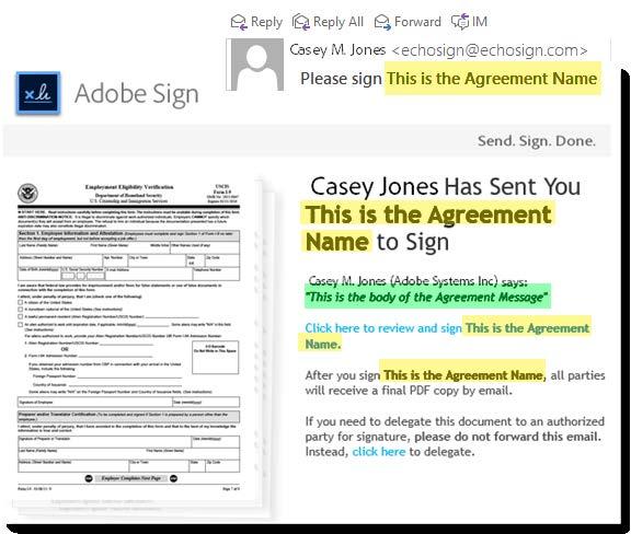 The Agreement Details: Agreement Name The Agreement Name is prominent in the notification process, surfacing in the email subject line, in bold font in the email body, and in smaller font throughout