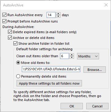How to set up Automatic Archiving 1. Open Microsoft Office Outlook 2016 2. At the top-left hand side of the screen, select File. 3. Select Options on the left-hand side of the screen. 4.