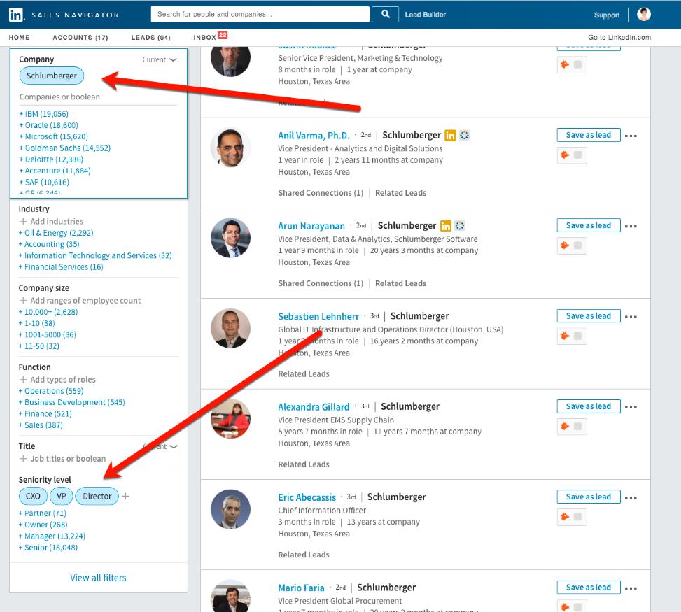 OPTION B: If the website does not reveal names of executives/leadership, use Sales Navigator to search by Company + Seniority Level (CXO, VP, etc.).