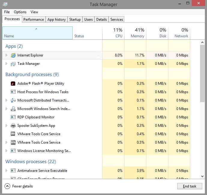 e. Return to the Task Manager. Click the Name heading. The listed processes are divided by categories.