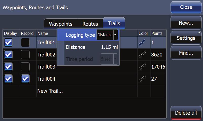 Creating a new trail Tap New on the Trails dialog and tap Save to create a new trail. Trail settings are defined on the Trail Settings dialog described below.