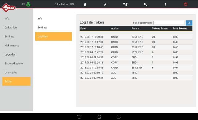 Tap Log File to view the last operations carried out by the machine and saved in chronological order: token