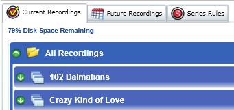 Recordings Category Press the down arrow in Recordings category. This category contains all past and future recordings and their management options and settings.