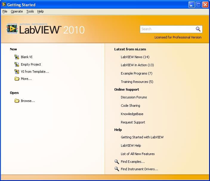Figure 1: LabVIEW Getting Started Screen Palettes Different palettes associated with LabVIEW are, Function Palette Control Palette Tool Palette Function palette is associated with Block Diagram