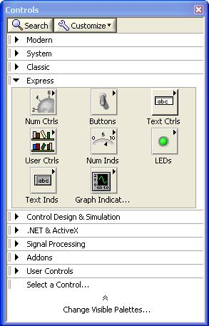 Control palette provides access to the objects like controls, indicators, knobs, and graphs that are placed on the front panel.