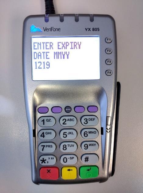 7. Enter the expiry date using the keypad on the pinpad, then press the green key on the keypad. 8.
