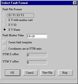 Figure 4.18 Select Fault Format window 5 Click on Close View in the Select Fault Format window to hide the fault data. 6 Compare the Select Fault Format window with that shown in Figure 4.18. 7 Select OK to complete the import of fault data.