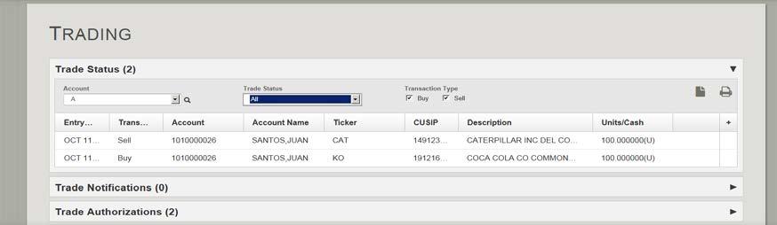 status and Transaction Type option boxes for you to specify a Buy and/or Sell view of the holdings.
