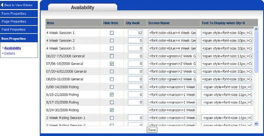 WebLink Administrative Module 2. Click on the Item Properties link in the left navigation bar, and then click on the Availablity link. The Availability screen appears: 3.