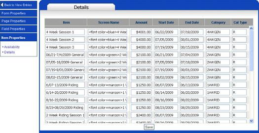 WebLink Administrative Module 3. For each item, the following properties are available: Item Screen Name Amount Start Date End Date Category Cat Type The name of the item.