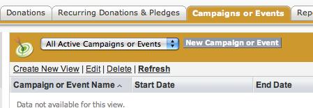 7. Or the New button on the Campaign Home page: 8. Either will take you to the new Campaign or Event Record screen. Select Campaign or Event.