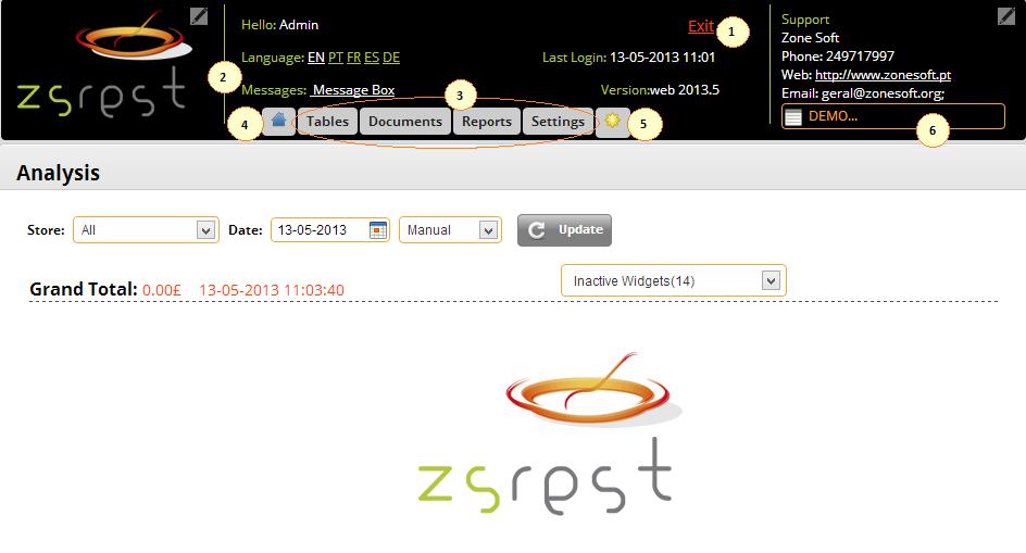 6 ZSRestWEB appearance The header and several features remain on all pages: 1 Exit - Exit the application 2 Messages - Communication between ZSRestWeb users 3 Menus - Access to separate