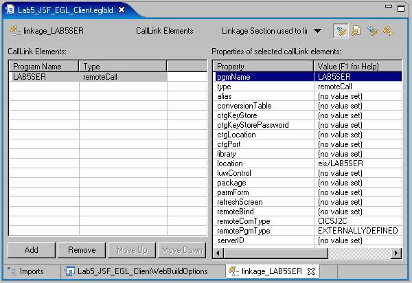 In this example EGL calls an external program named LAB5SER that is defined on the JNDI