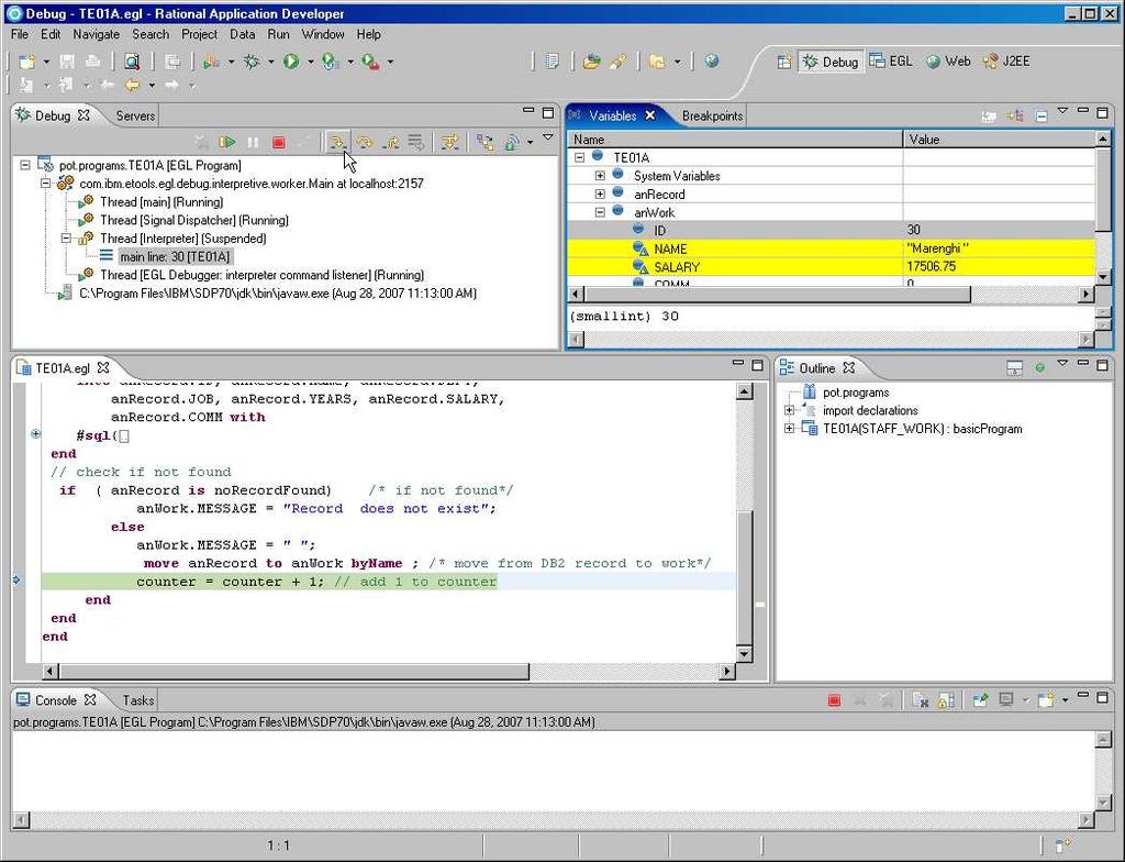 The power of tools: Debugger Debug entire application regardless of ultimate deployment targets: Transition from debugging JSPs to EGL code to Java to and back.