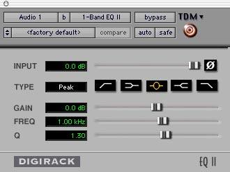 chapter 5 DigiRack Real-Time TDM and RTAS Plug-Ins EQ II Phase Invert The EQ II plug-in provides a 1-Band or 4-Band EQ for
