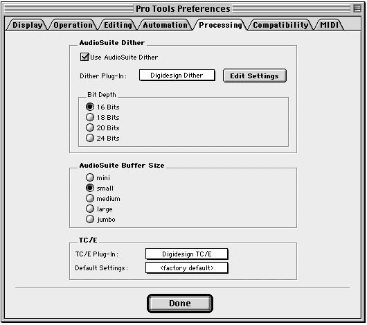 The AudioSuite Processing Preferences Dialog Before you begin using AudioSuite plug-ins, use the Preferences dialog (Setups > Preferences > Processing) to configure default AudioSuite parameters